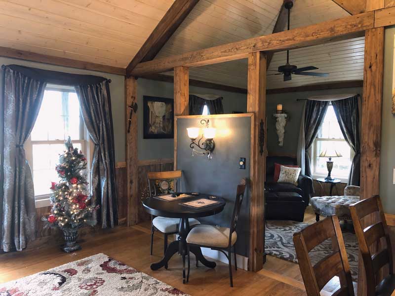 Cozy Christmas stay at the French Creole Cabin, romantic lighting, intimate dining