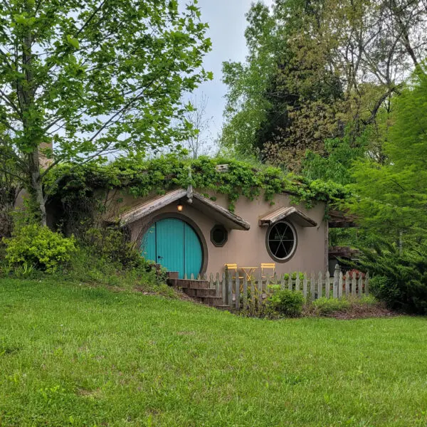 Earthen shelter cabin with round blue door surrounded by the lush greenery of gardens and forest.