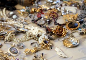 Jewelry on table at antique shop
