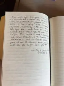 Guest comment in note book of The French Cabin