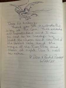 Guest comment in Cabin notebook with drawing of Smaug