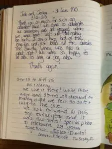Guest comment in Cabin notebook writing about how safe they felt.