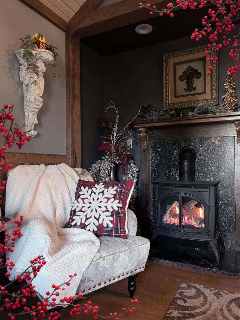 Cozy corner with cast iron gas stove fireplace, soft blanket over a comfy chair, and french gothic decor