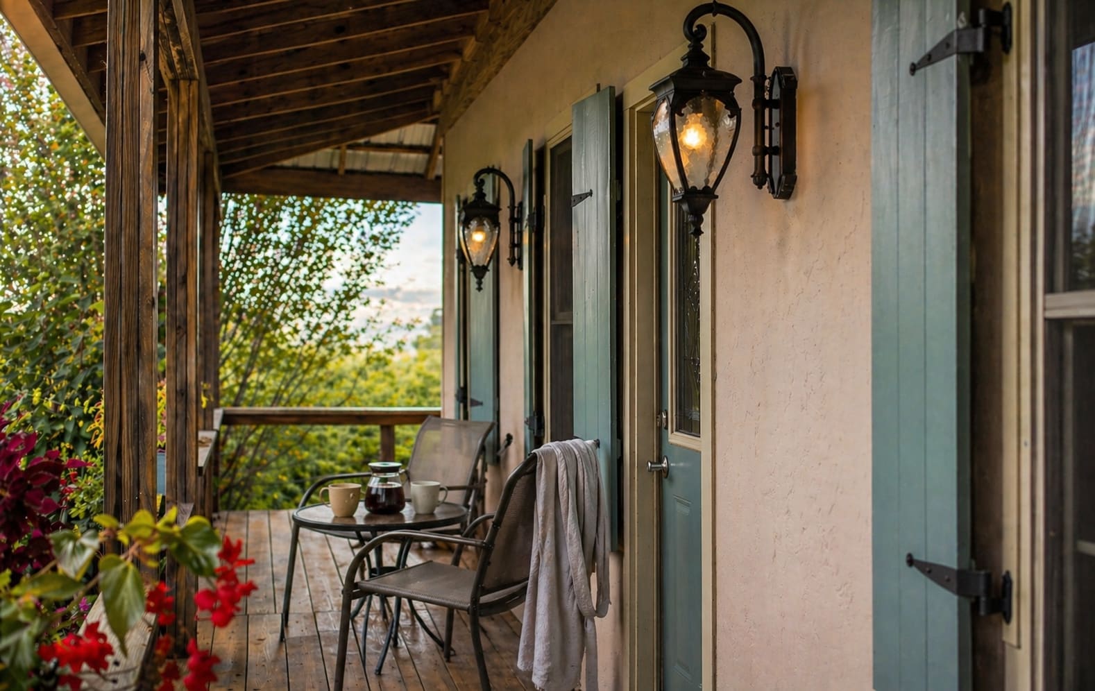 Cozy Creole Cabin porch overlooking forest and prairie of Shawnee National Forest