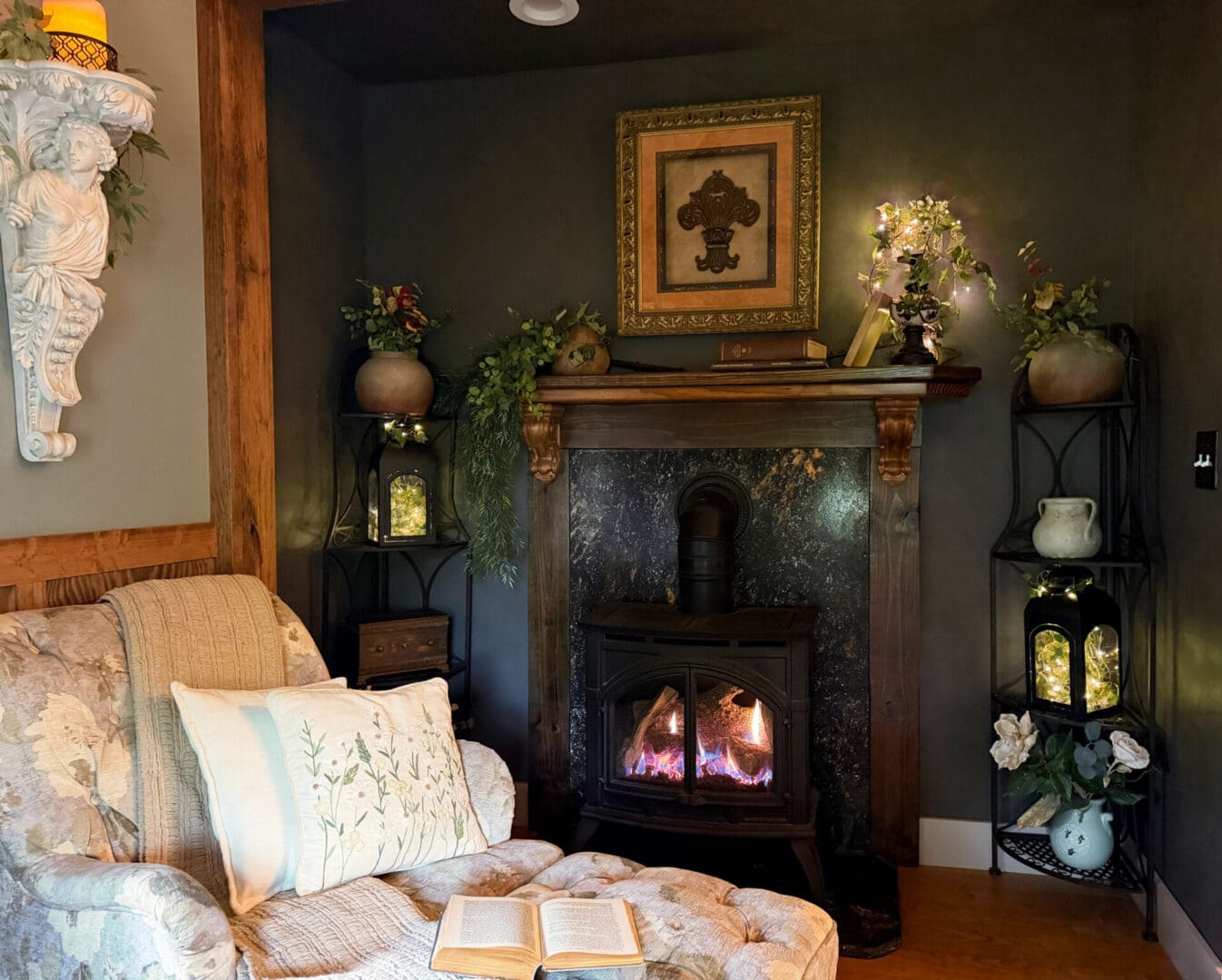 Cozy fireplace alcove with romantic lighting and reading nook.