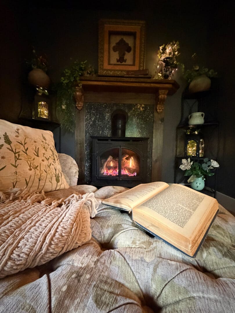 Cast iron gas stove framed by custom schist stone in the French Cabin's intimate fireplace alcove.