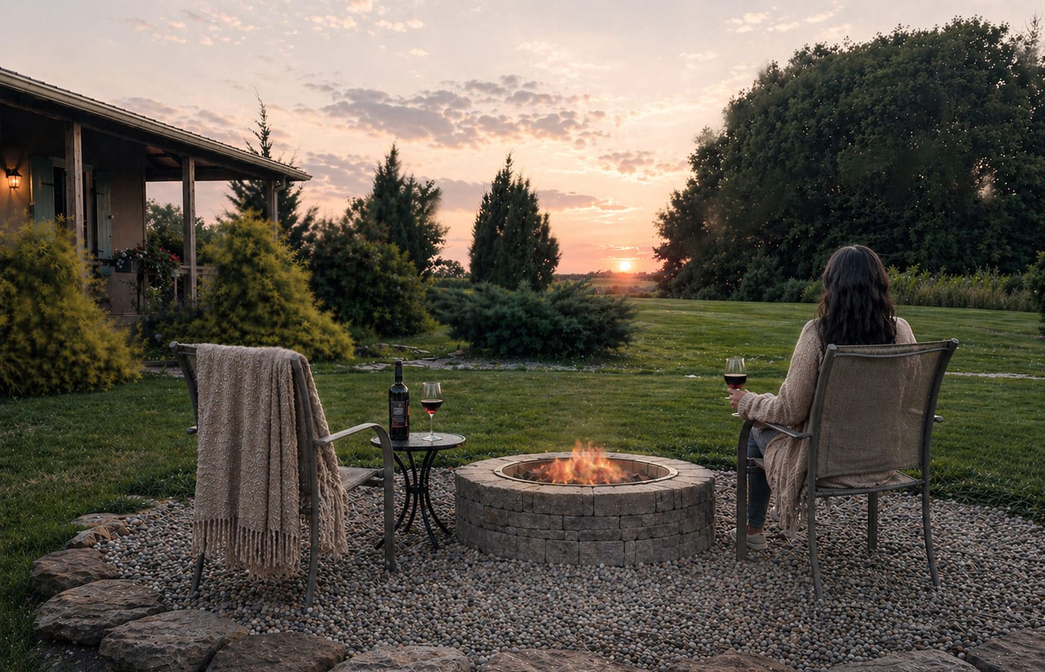 Person enjoying wine beside glowing fire pit