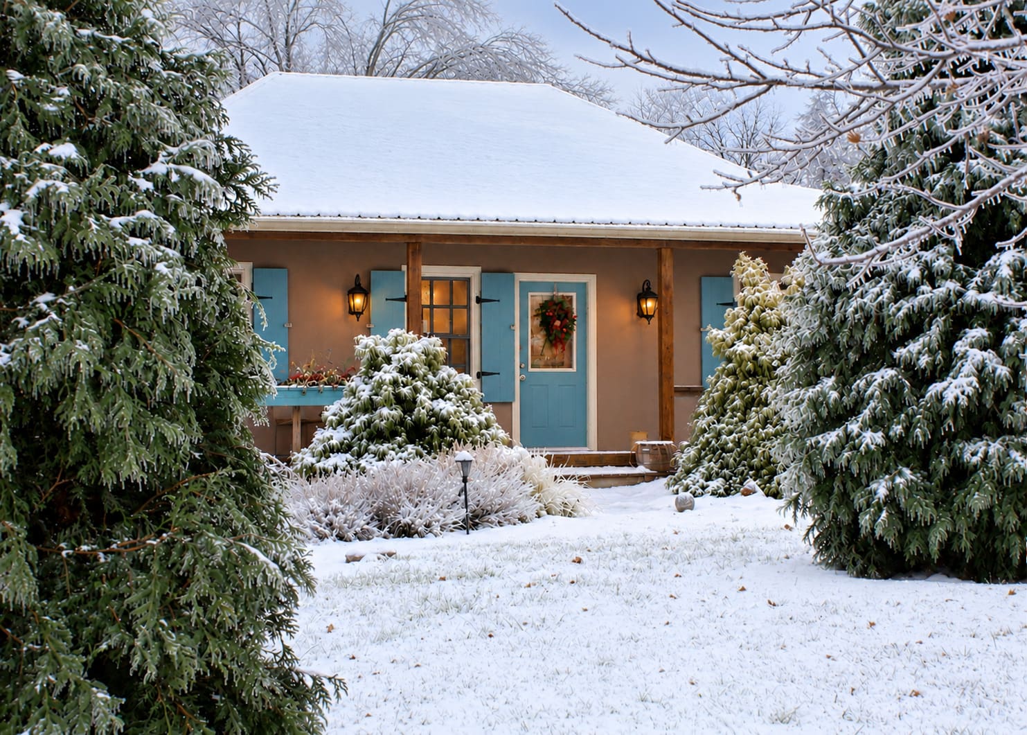 The French Creole Cabin at Rocky Comfort Cabins surrounded by snow in the Shawnee Hills of Southern Illinois, featuring turquoise shutters and a wraparound porch.
